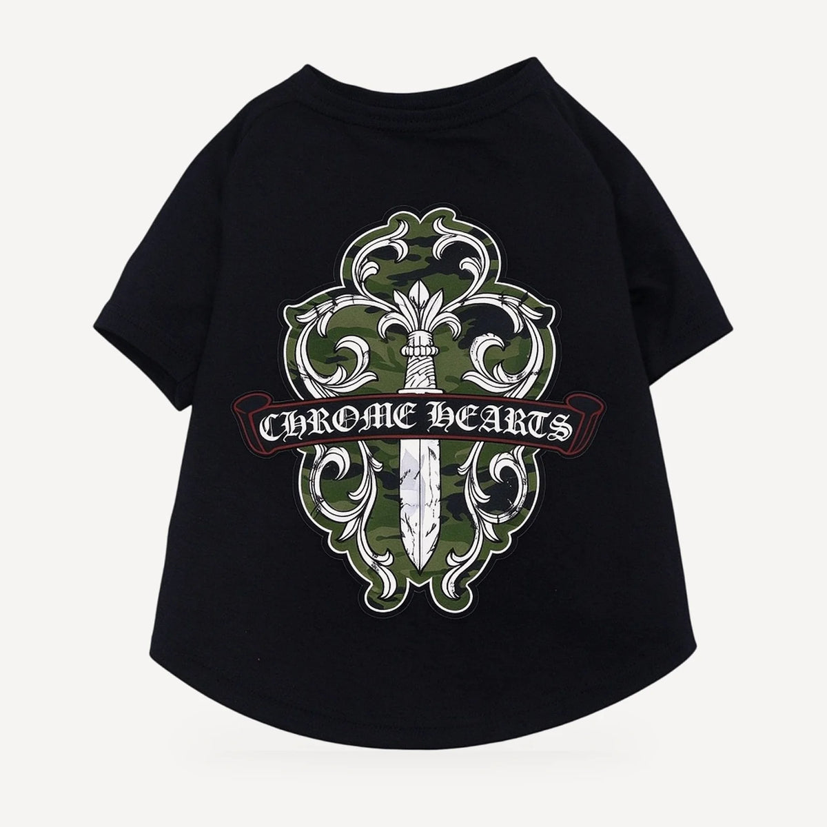 Camo Dagger dog tee inspired by Chrome Hearts, black, back view