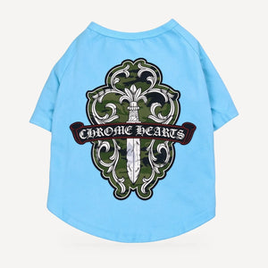 Camo Dagger dog tee inspired by Chrome Hearts, light blue, back view