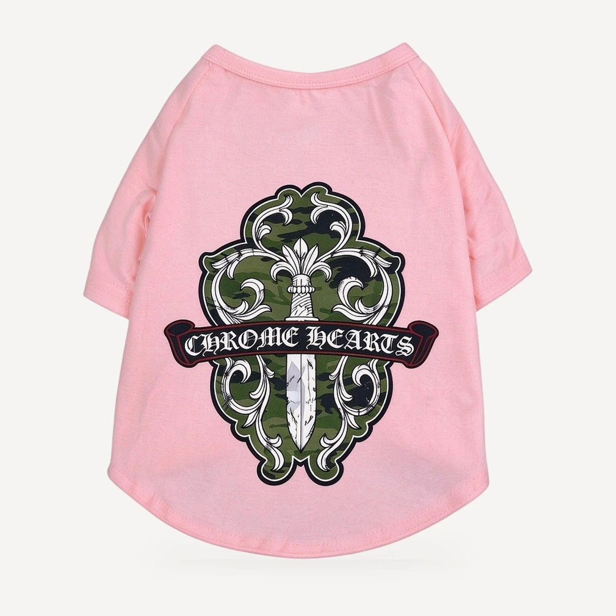 Camo Dagger dog tee inspired by Chrome Hearts, pink, back view