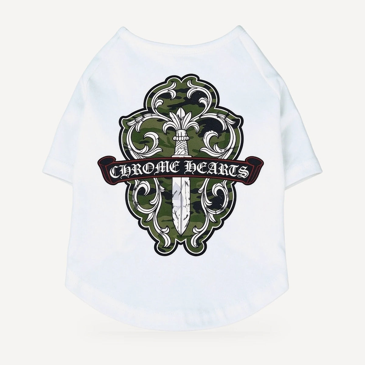Camo Dagger dog tee inspired by Chrome Hearts, white, back view