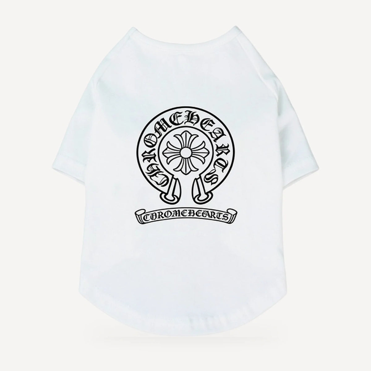 Classic Horseshoe dog tee inspired by Chrome Hearts, white, back view