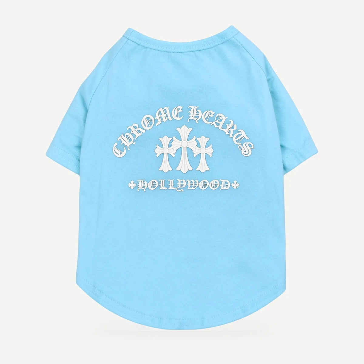 Hollywood dog tee inspired by Chrome Hearts, light blue, back view