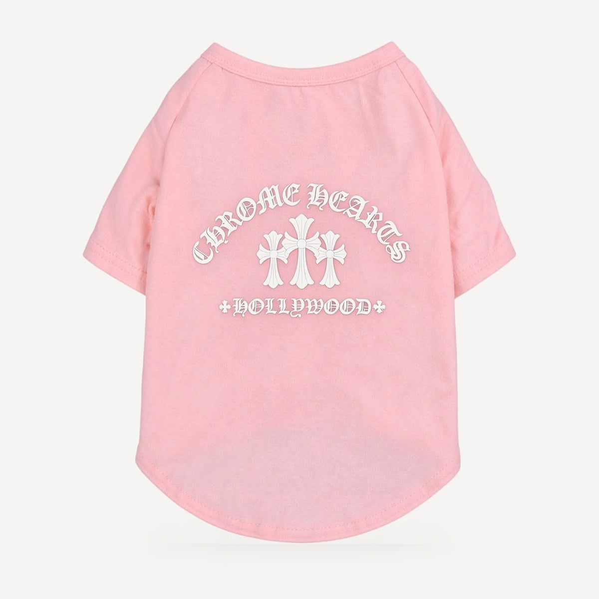 Hollywood dog tee inspired by Chrome Hearts, pink, back view