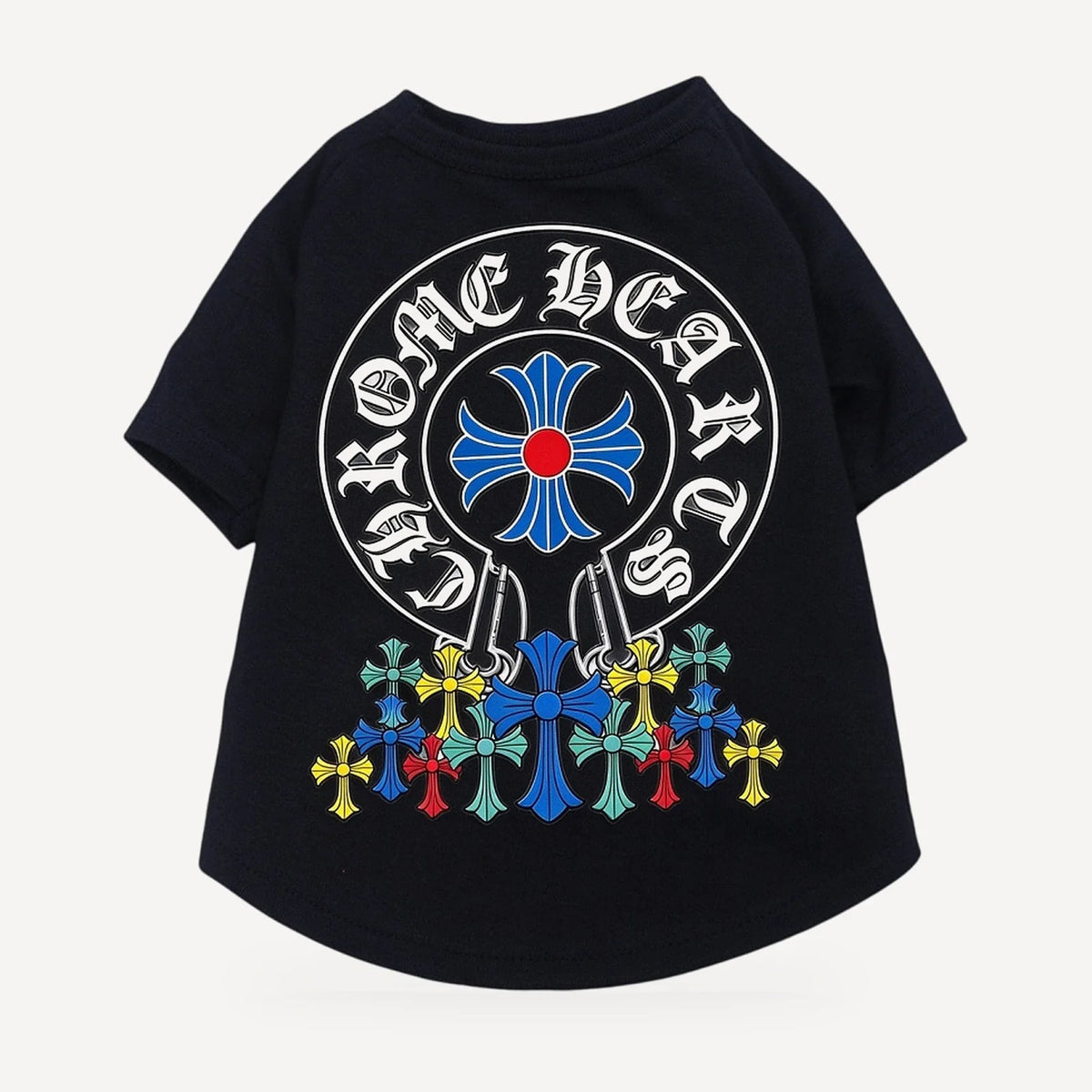 Multi Cross dog tee inspired by Chrome Hearts, black, back view