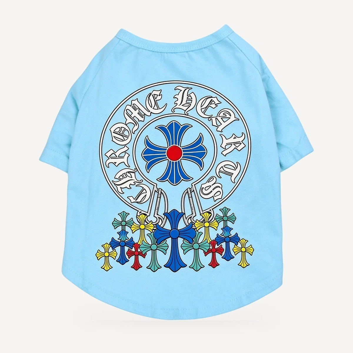 Multi Cross dog tee inspired by Chrome Hearts, light blue, back view