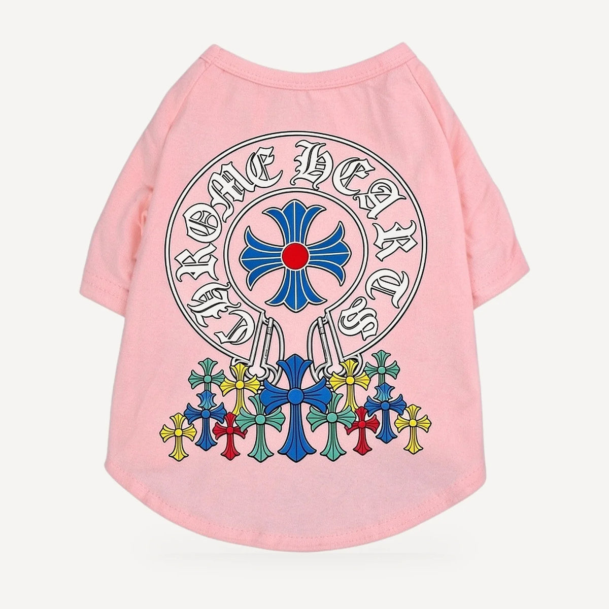 Multi Cross dog tee inspired by Chrome Hearts, pink, back view