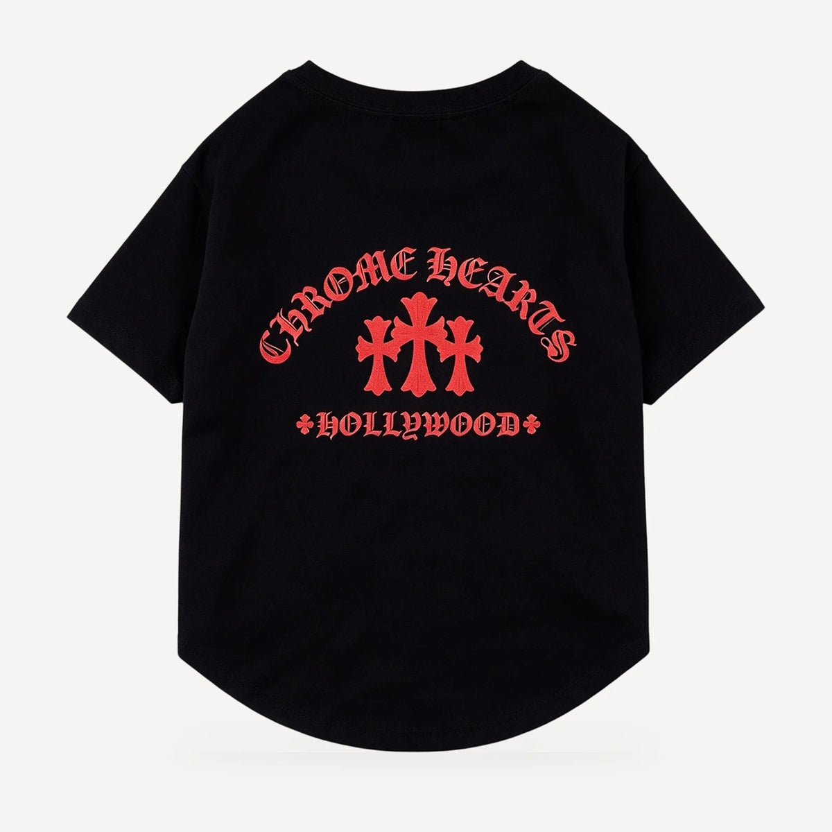 Red Hollywood dog tee inspired by Chrome Hearts, black, back view
