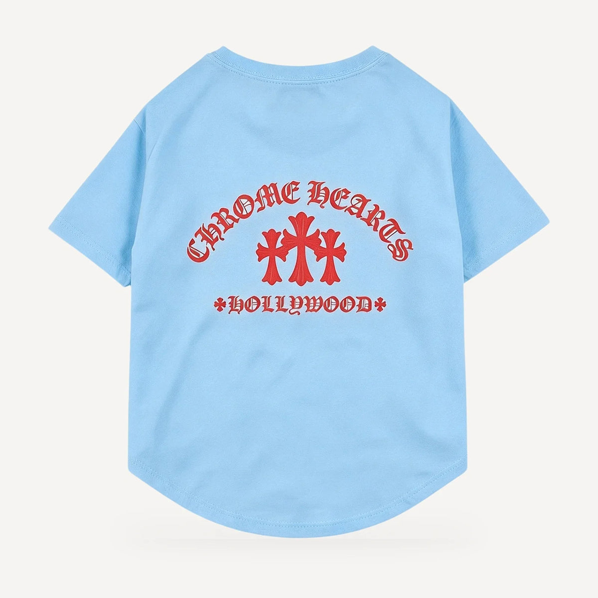 Red Hollywood dog tee inspired by Chrome Hearts, light blue, back view