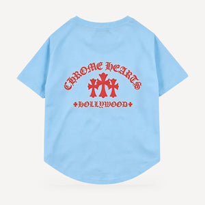Red Hollywood dog tee inspired by Chrome Hearts, light blue, back view