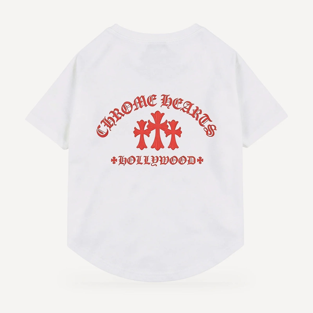 Red Hollywood dog tee inspired by Chrome Hearts, white, back view