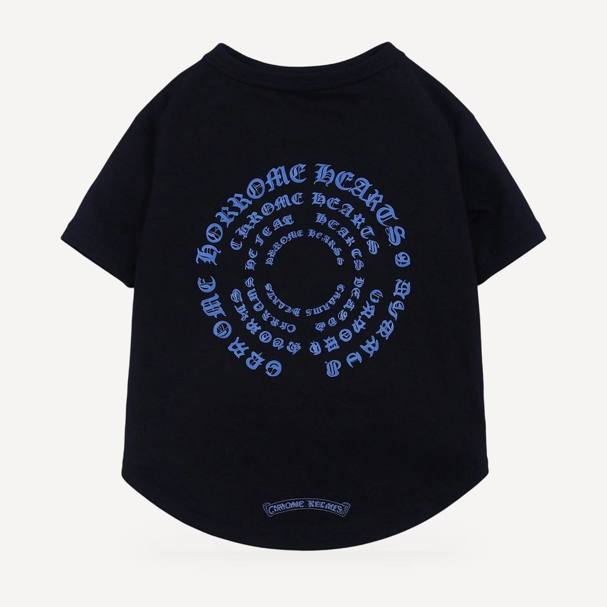Spiral Script dog tee inspired by Chrome Hearts, black, back view