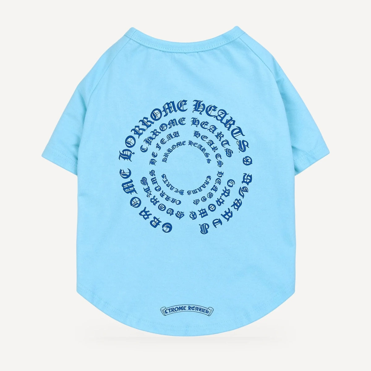 Spiral Script dog tee inspired by Chrome Hearts, light blue, back view