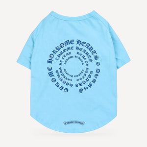 Spiral Script dog tee inspired by Chrome Hearts, light blue, back view