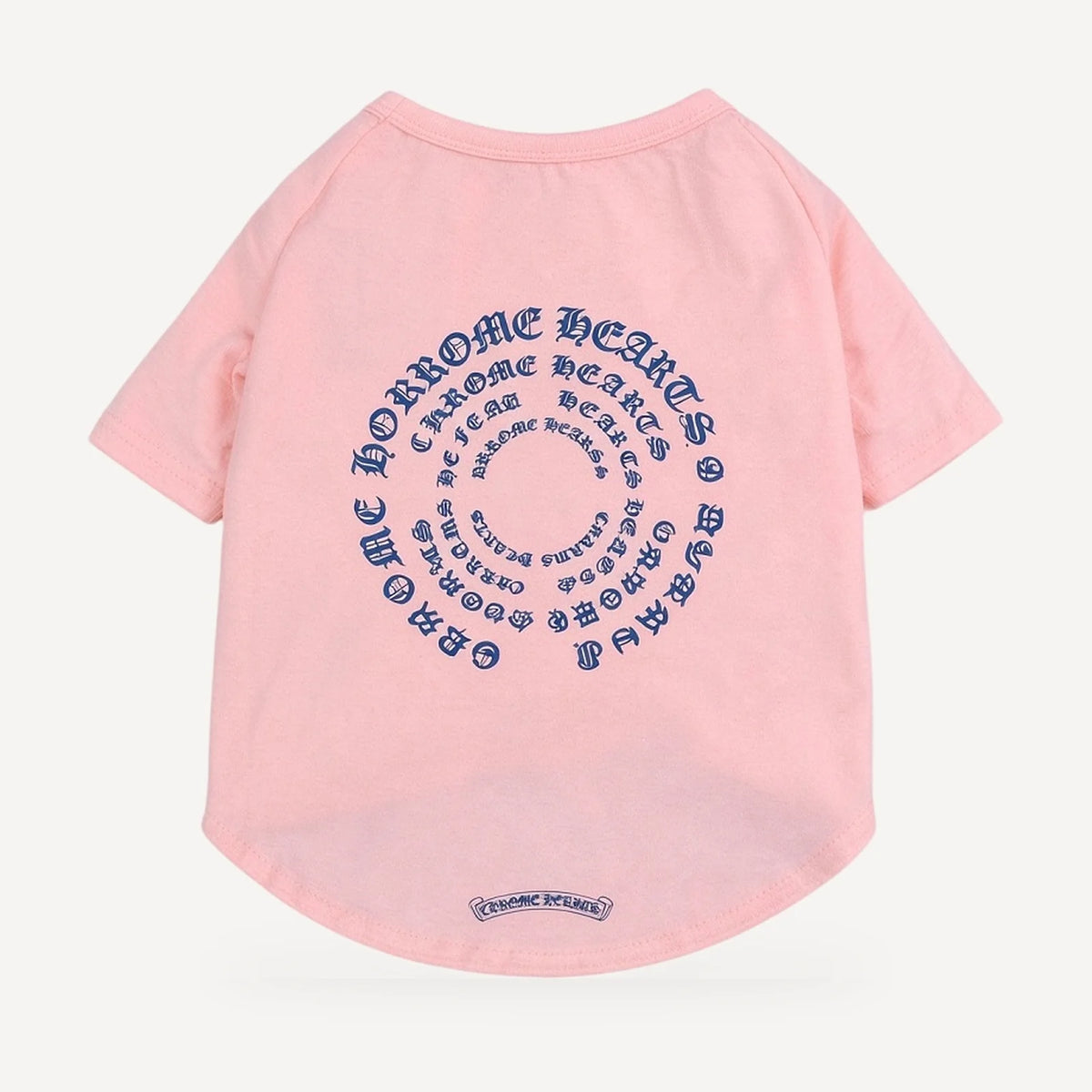 Spiral Script dog tee inspired by Chrome Hearts, pink, back view