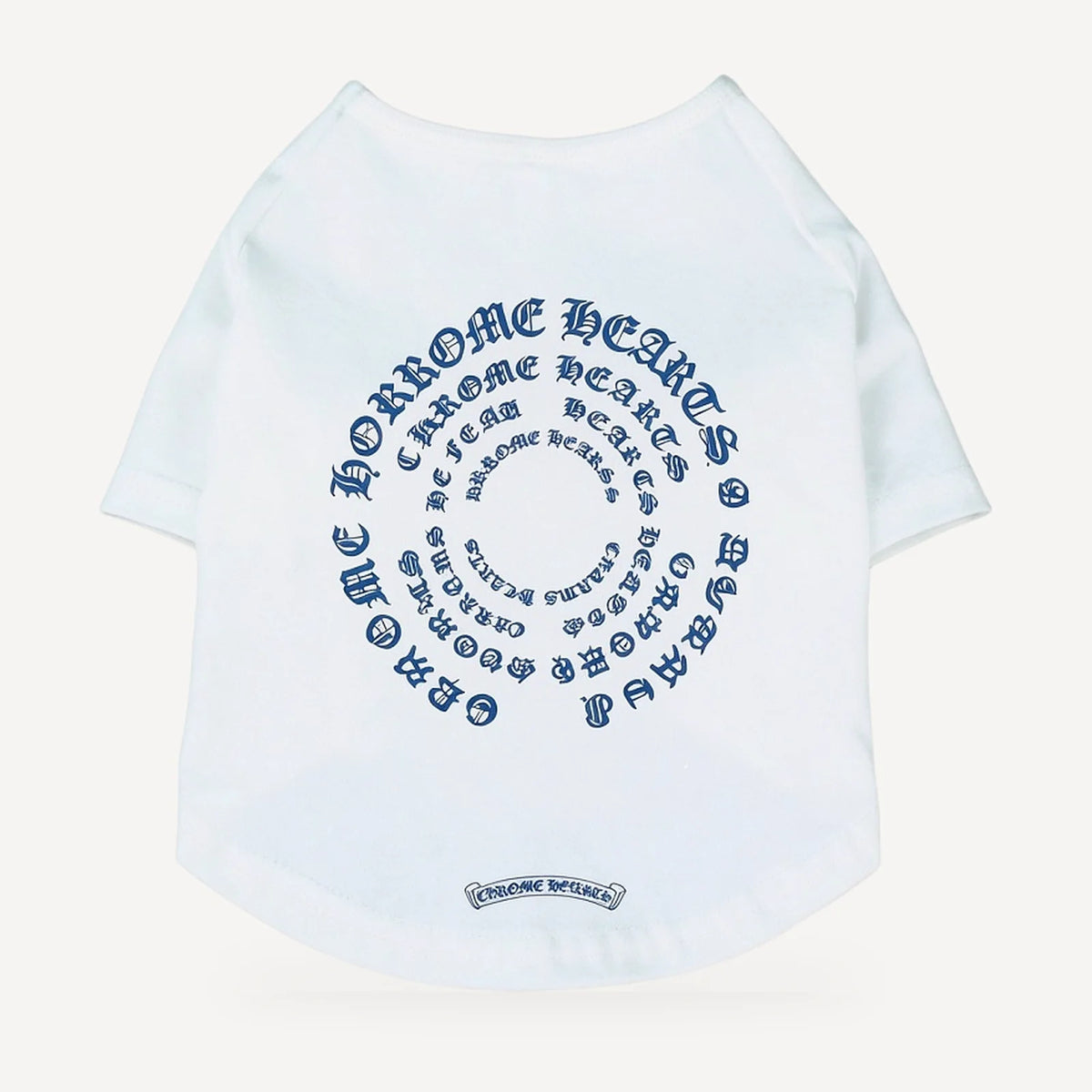 Spiral Script dog tee inspired by Chrome Hearts, white, back view