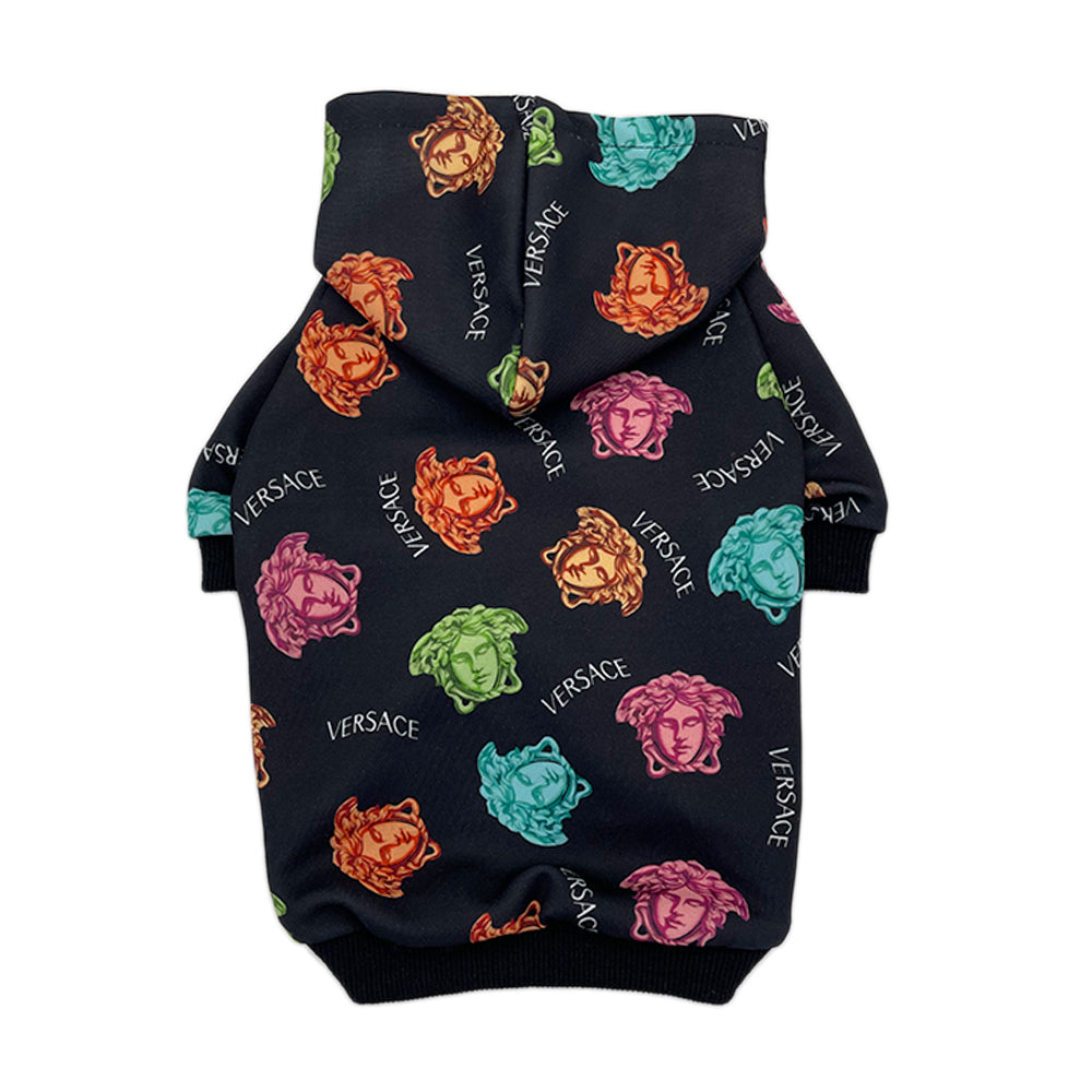 Black dog hoodie with colorful Versace medusa heads and logo print on white background