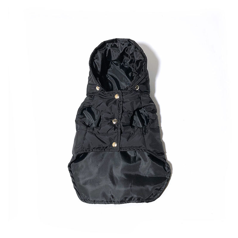 Black nylon dog puffer vest with hood attached showing Pawda triangle branding