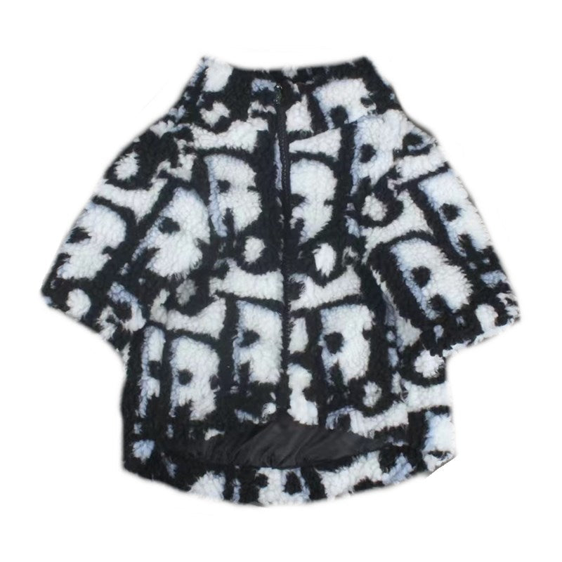 Black fleece dog jacket with Dogior oblique monogram print Dior inspired front view
