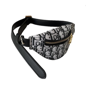 Designer oblique print dog crossbody bag with metal buckle closure and leather strap