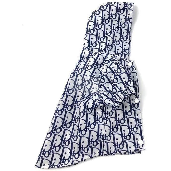 White polyester dog jacket with all-over Dior pattern showing back panel design