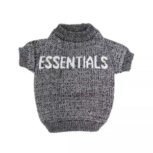 Gray knit dog sweater with ESSENTIALS text Fear of God inspired front view