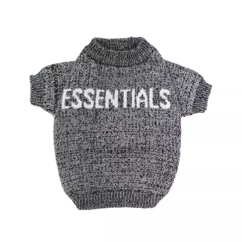 Gray knit dog sweater with ESSENTIALS text Fear of God inspired front view