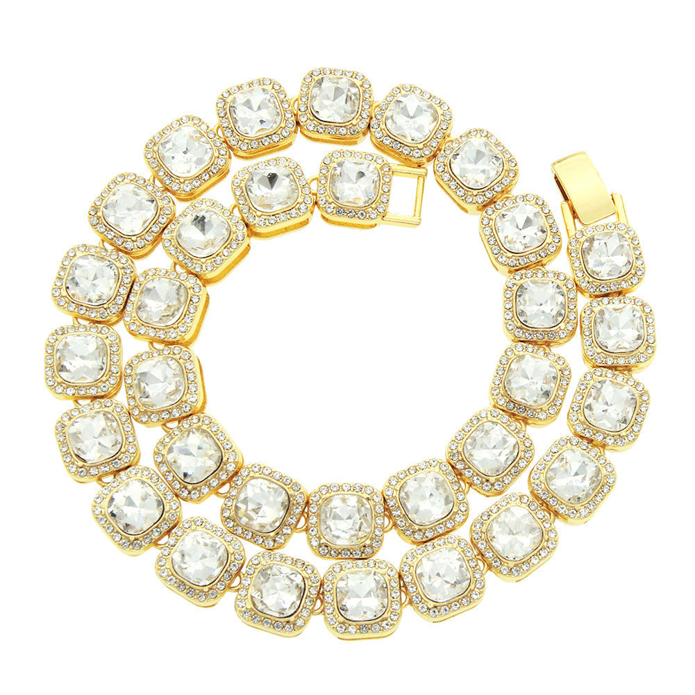 Gold clustered tennis necklace with cubic zirconia stones in cushion settings