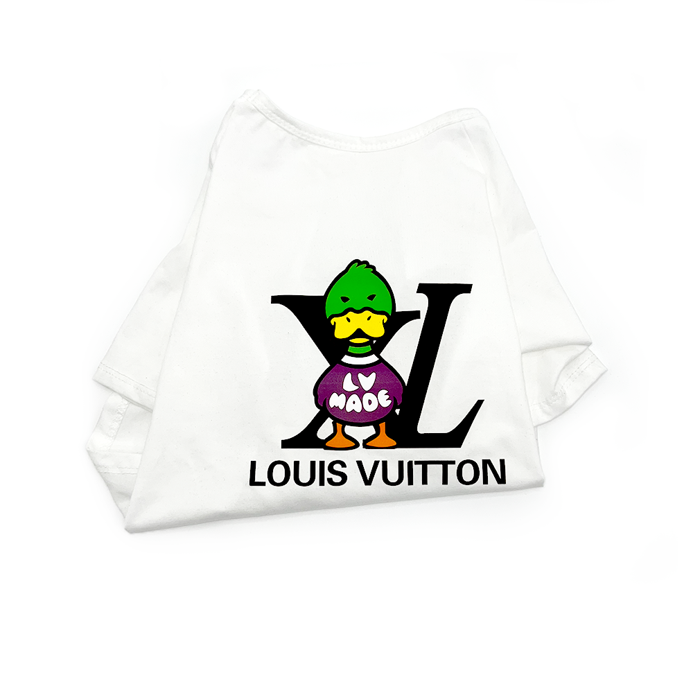 White dog tee with cartoon duck wearing purple shirt and LV monogram logo