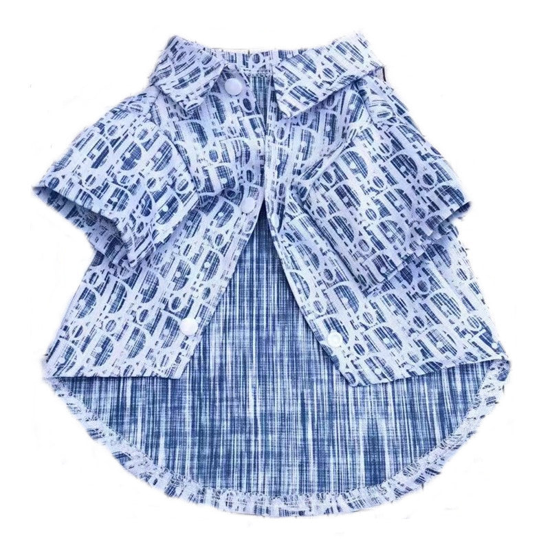 Dark blue oblique pattern dog shirt with collar and longer back hem inspired by Dior