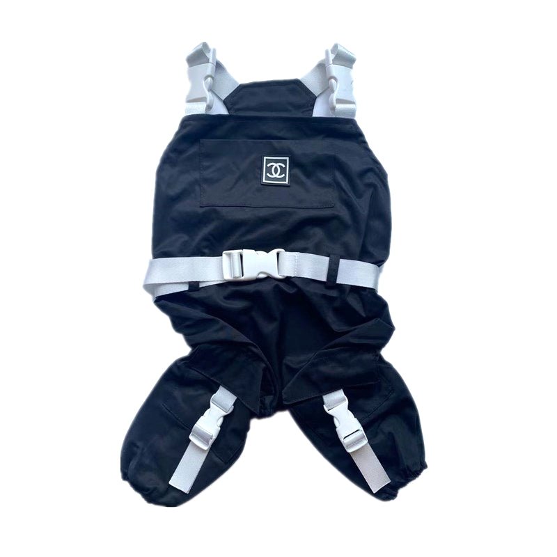 Black dog overalls with buckle straps Chanel inspired with logo detail