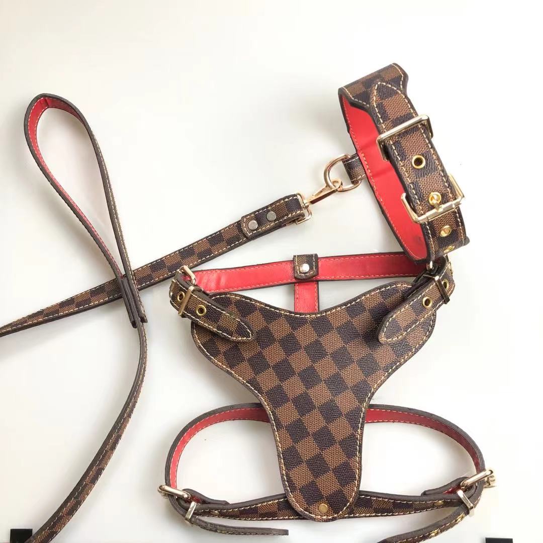 Louis Vuitton monogram dog harness with red leather trim and adjustable straps
