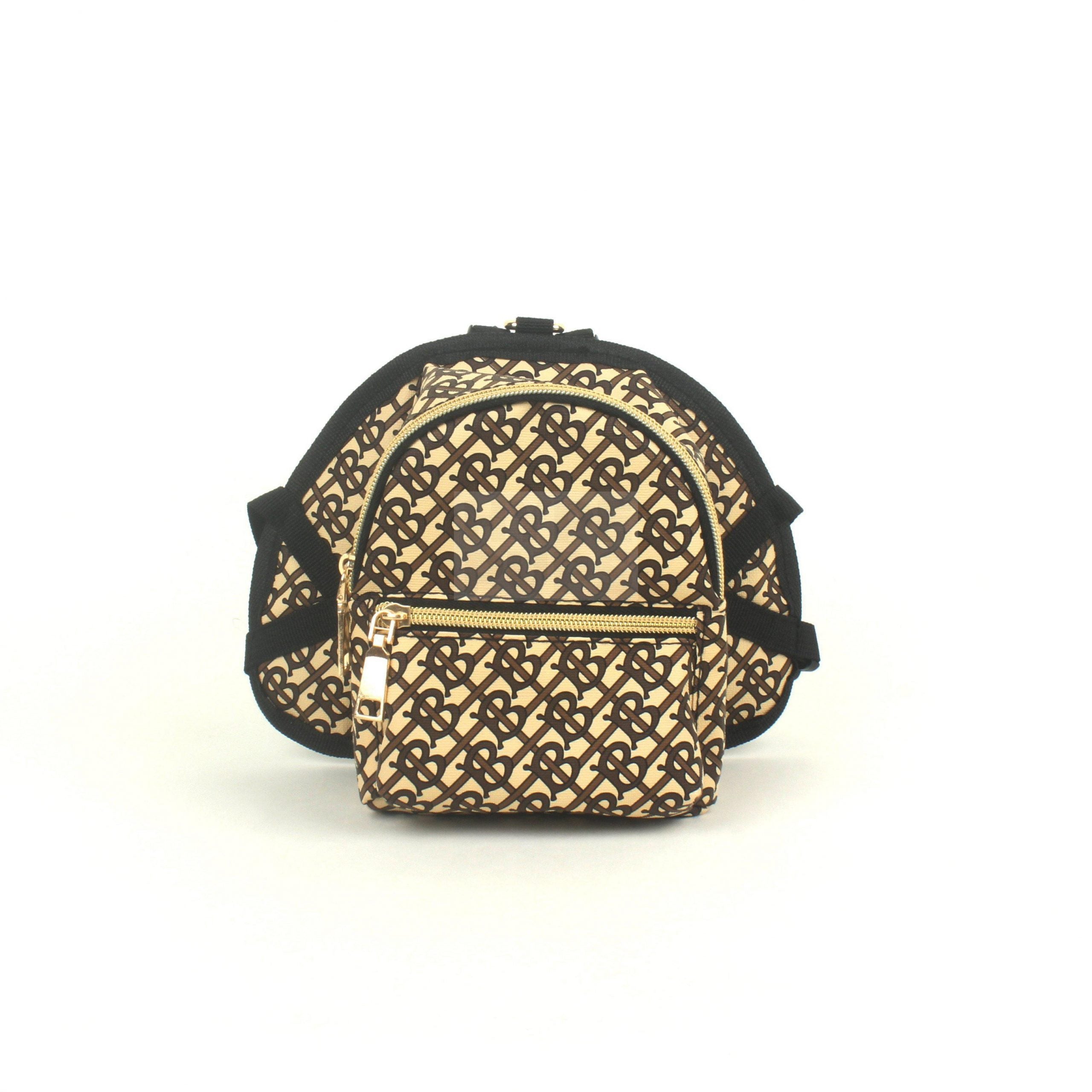 Brown monogram dog backpack Burberry style with adjustable straps front view