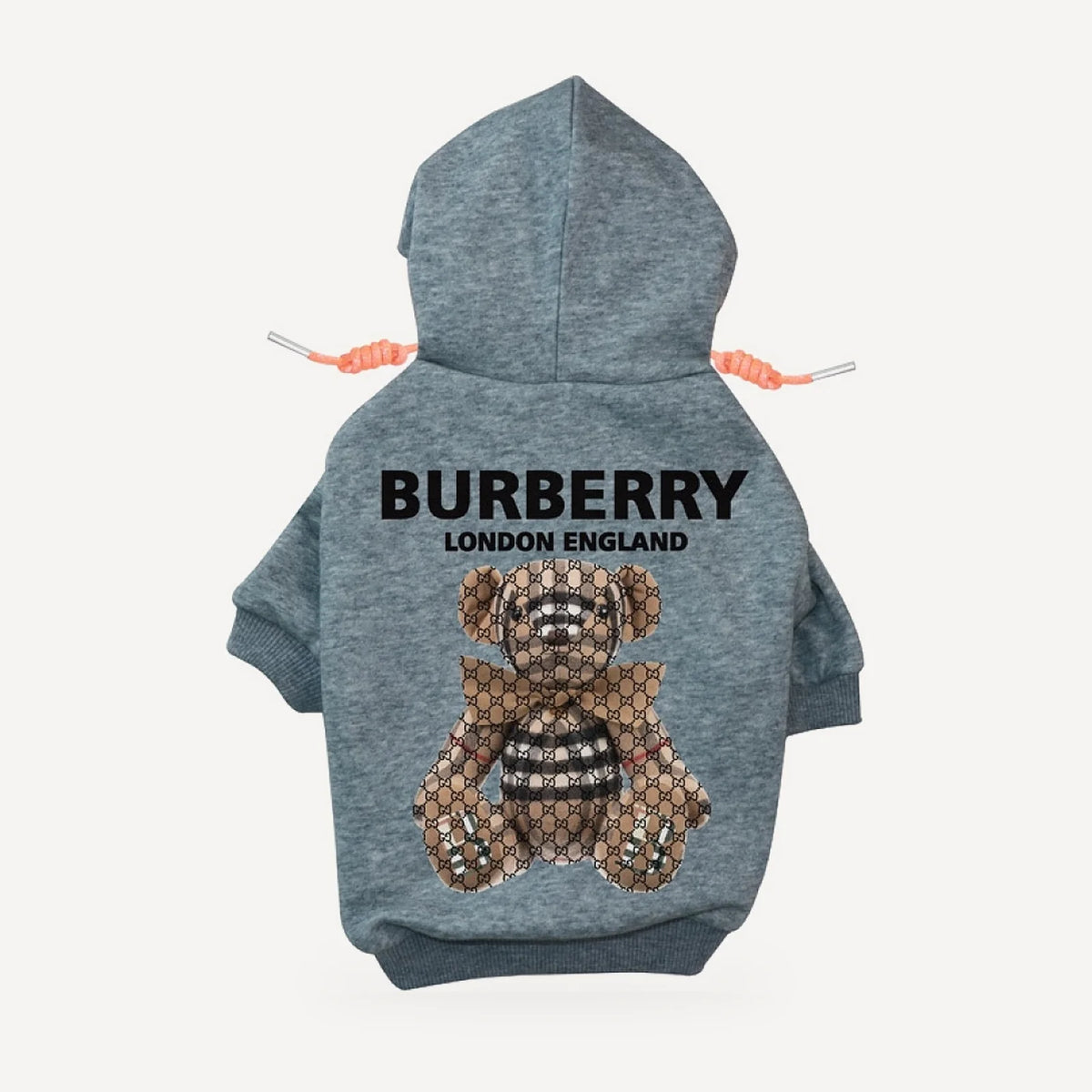 Teddy Bear dog hoodie inspired by Burberry, grey, back view