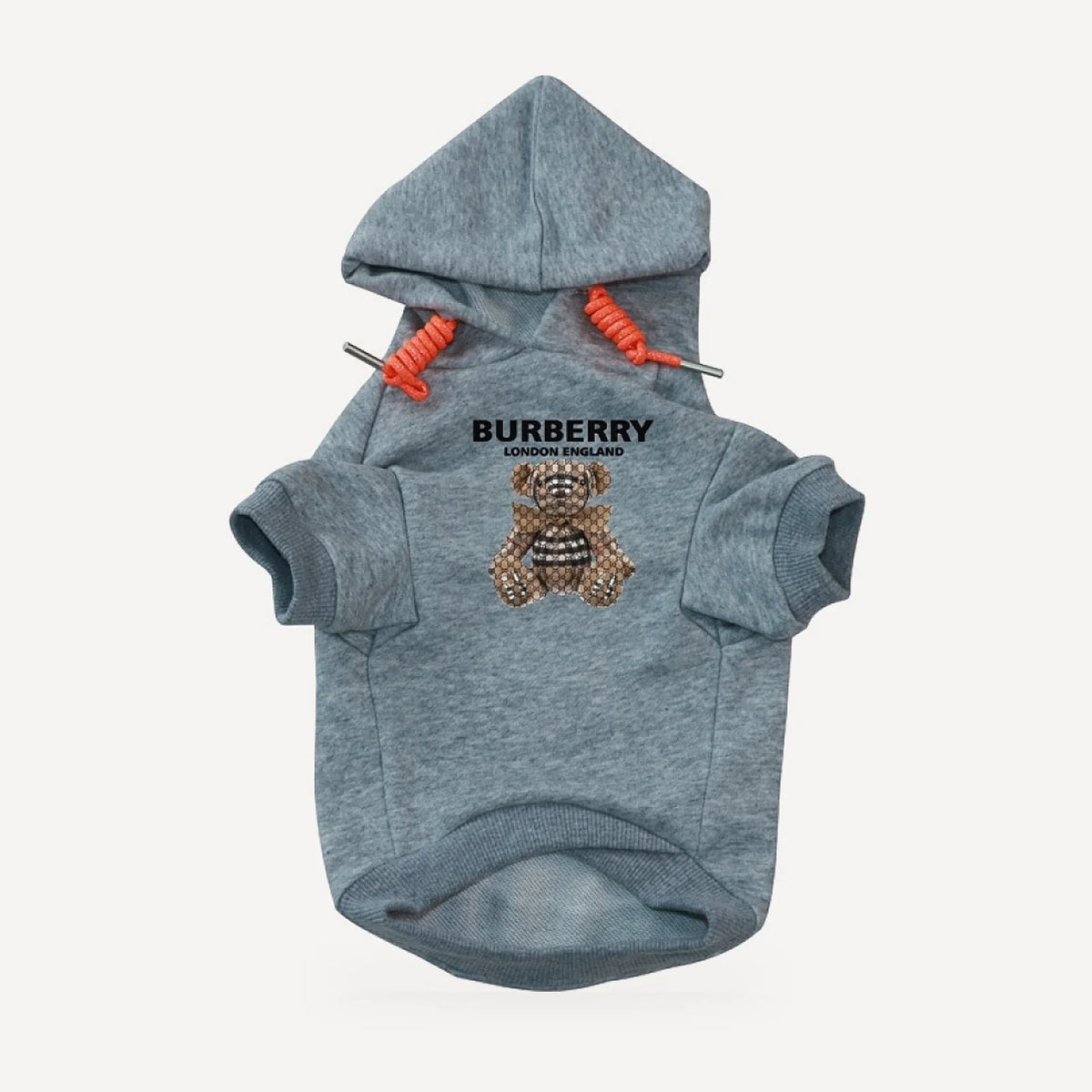 Teddy Bear dog hoodie inspired by Burberry, grey, front view