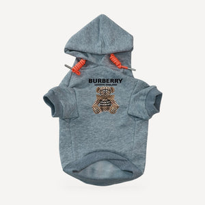 Teddy Bear dog hoodie inspired by Burberry, grey, front view