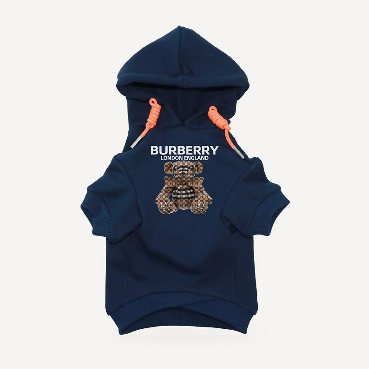 Teddy Bear dog hoodie inspired by Burberry, navy blue, front view
