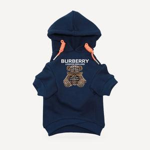 Teddy Bear dog hoodie inspired by Burberry, navy blue, front view