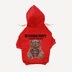 Teddy Bear dog hoodie inspired by Burberry, red, back view