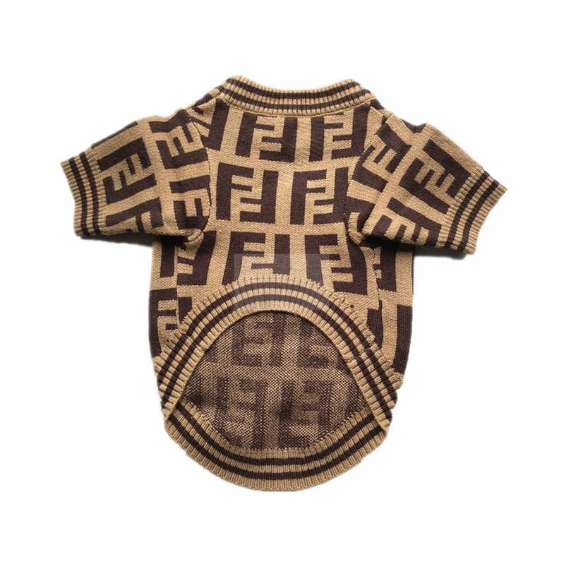 Brown monogram dog sweater back view showing FF pattern and ribbed hem detail