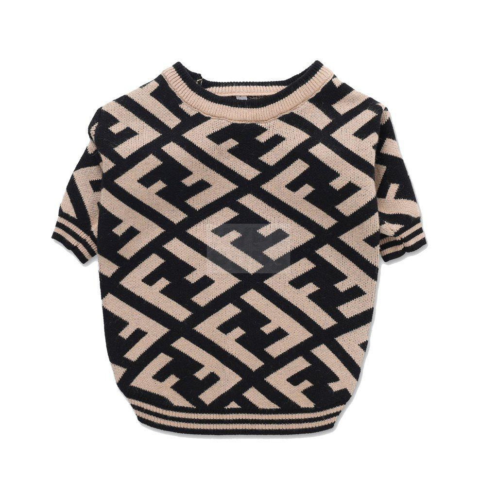 Brown knit dog sweater with all-over Furdi monogram pattern Fendi style flat lay