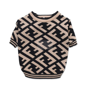 Brown knit dog sweater with all-over Furdi monogram pattern Fendi style flat lay