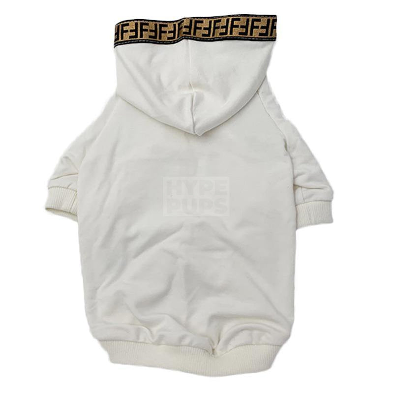 Back view of white dog hoodie with FF monogram trim around hood opening and ribbed hem