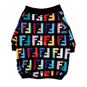 Black dog sweatshirt with colorful FF monogram pattern Fendi style on dark background