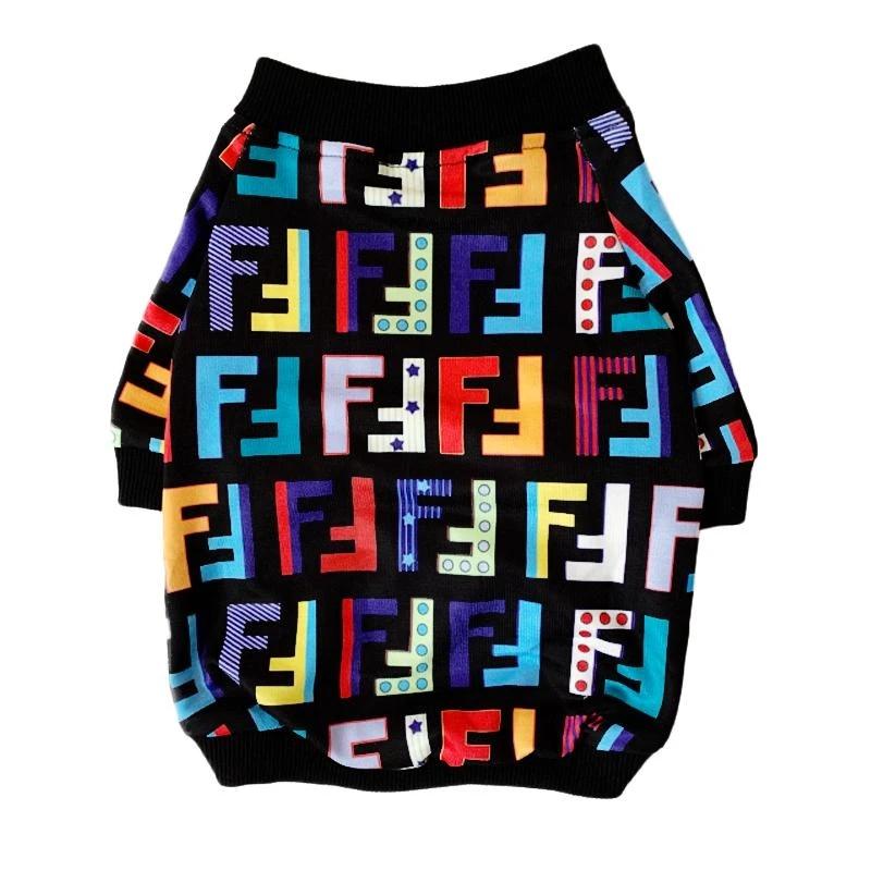 Black dog sweatshirt with colorful FF monogram pattern Fendi style on dark background