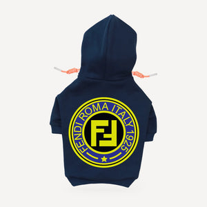 Roma Badge dog hoodie inspired by Fendi, navy blue, back view