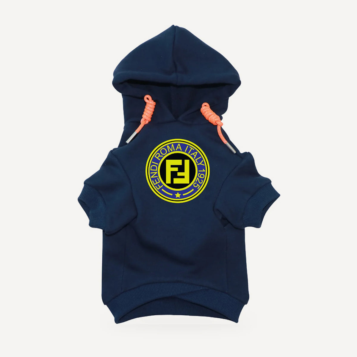 Roma Badge dog hoodie inspired by Fendi, navy blue, front view
