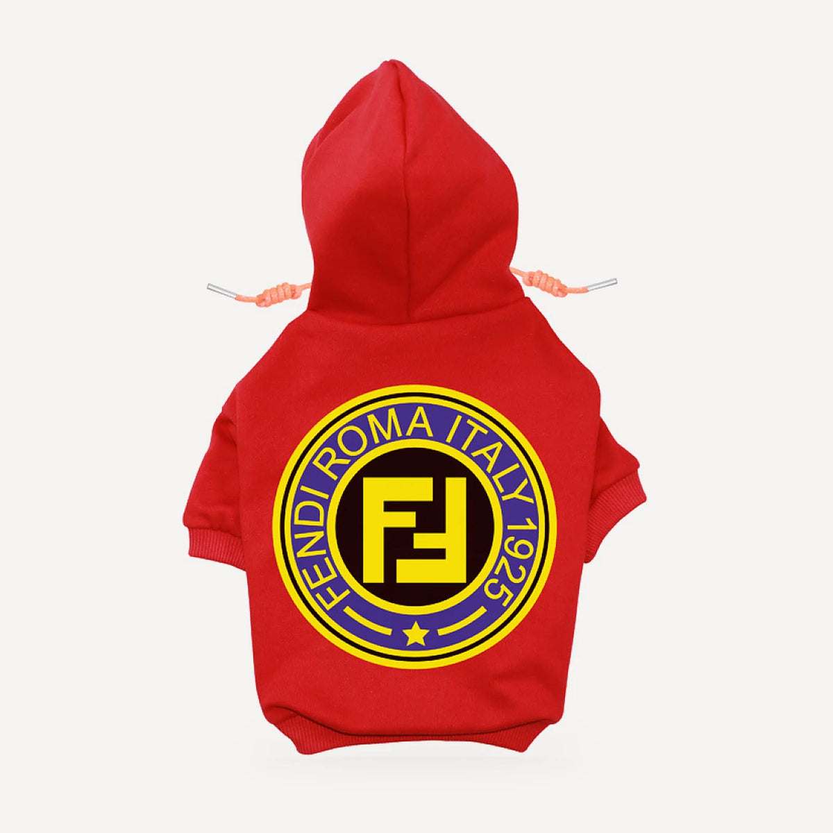 Roma Badge dog hoodie inspired by Fendi, red, back view