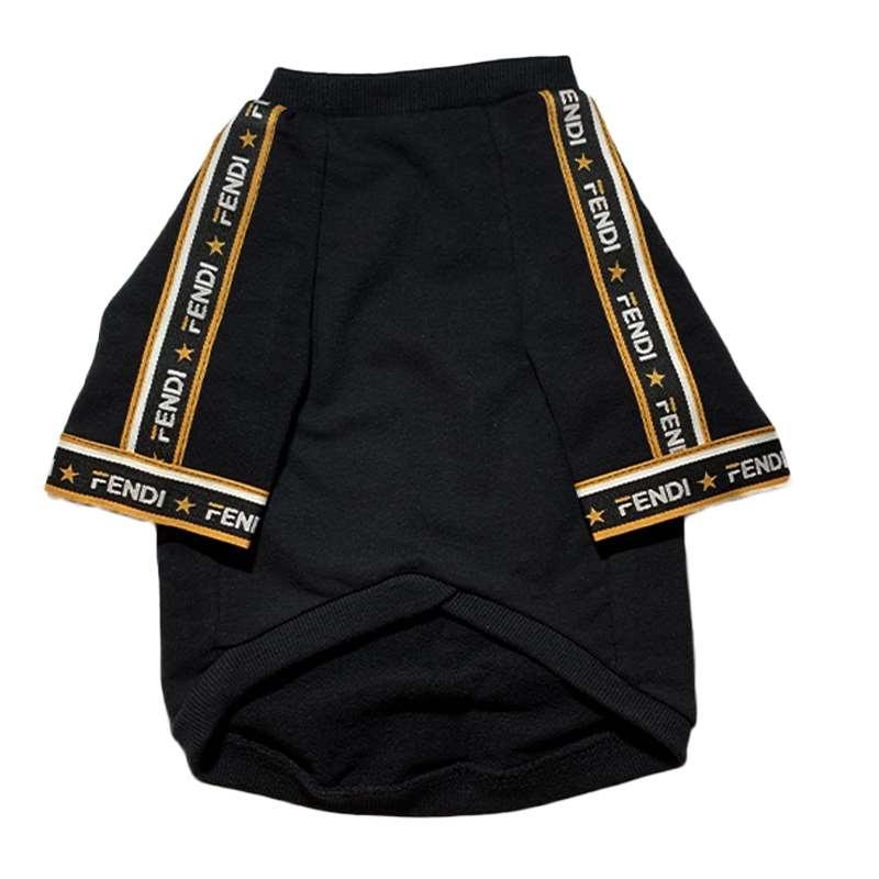 Black cotton dog sweatshirt with yellow Fendi logo tape trim on sleeves