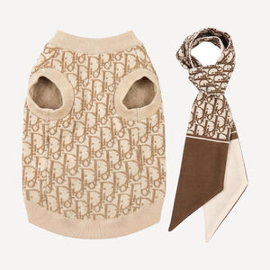 Cream monogram dog sweater and scarf set inspired by Dior, designer-style dog clothing