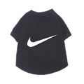 Black dog tee with white Nike swoosh logo inspired design on chest